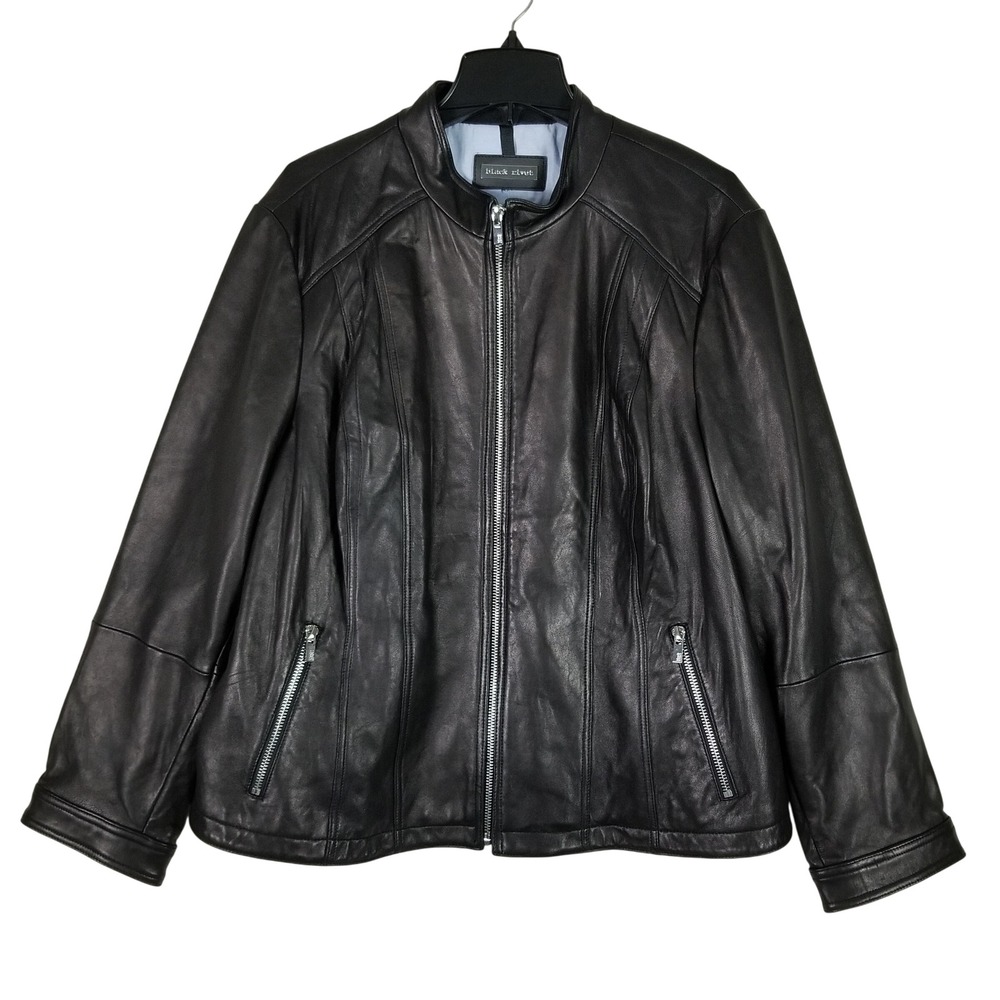 Black Rivet Leather Jacket Mens XL Black Cafe Racer Moto Zip Up Stand Collar